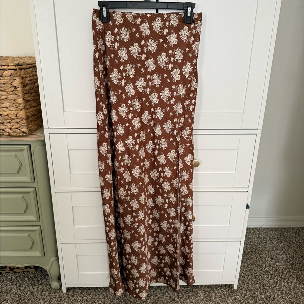Altar’d State Brown Floral Satin Boho Maxi Skirt with Slit Size Small